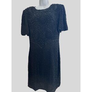 Vintage Laurence Kazar Silk Black Beaded Sequin Dress Small